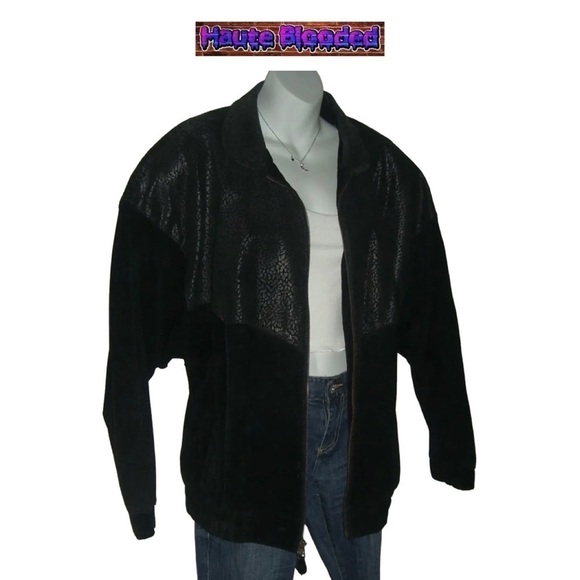 Vintage 90's Stefano Black Suede Leather Bomber Jacket Print Retro Plus 16 Goth - Picture 3 of 13